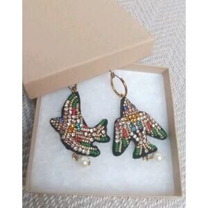J. CREW NEW Rainbow Rhinestone Birds Of Peace Pearl Drop Leather Back Earrings